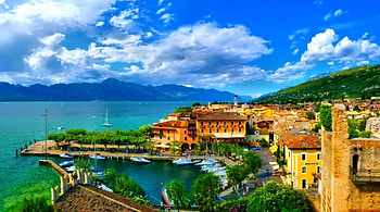 lake shore harbor town, town, boats, clouds, harbor, lake HD wallpaper
