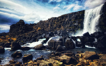 Oxararfoss, Iceland, river, clouds, waterfall, sky, rocks, cliff HD wallpaper