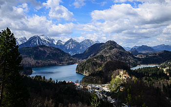 mountain landscape, Alps, mountains, lake, forest, mountain lakes, ancient castle, Bavaria, Germany HD wallpaper