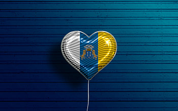 I Love Canary Islands, , realistic balloons, blue wooden background, Day of Canary Islands, Communities of Spain, flag of Canary Islands, Spain, balloon with flag, spanish communities, Canary Islands flag, Canary Islands HD wallpaper