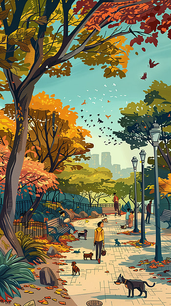 Autumn Stroll with Dogs, dog, park, bench HD phone wallpaper