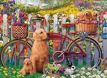 Dogs in the garden, pictura, bike, garden, caine, dog, bycicle, summer, puppy, painting, flower, vara HD wallpaper