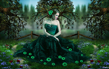 Enchanted garden, fantasy, green, garden, flowers, woman HD wallpaper