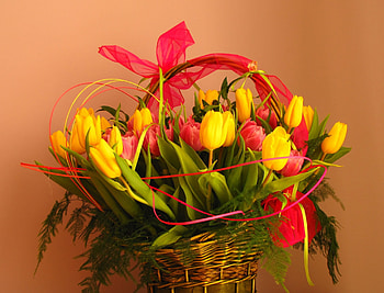 Flowers, Tulips, Registration, Typography, Greens, Bouquet, Bow, Basket HD wallpaper