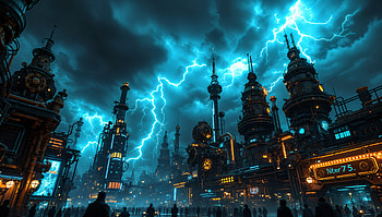 Lightning Storm Over Futuristic Cityscape, lightning storm, cyberpunk, cityscape, lightning, futuristic HD wallpaper