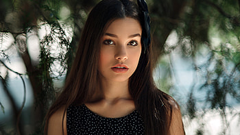 Beautiful Girl Model Is Wearing White Dots Black Dress Standing In Blur Bokeh Background Girls HD wallpaper