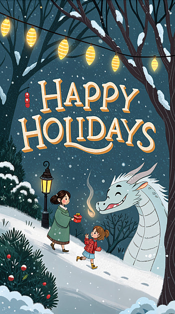 Whimsical Happy Holidays , Happy Holidays, winter, dragon, child, snow HD phone wallpaper