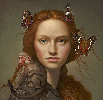 Beauty, monkey, art, yana movchan, girl, butterfly, painting, portrait, pictura, face, maimuta, redhead HD wallpaper