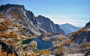 The Enchantments in Washington during larch season, usa, peaks, lake, clouds, sky, rocks HD wallpaper