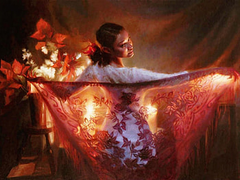 Dance of Roses, roses, shawl, flowers, candle light, woman HD wallpaper