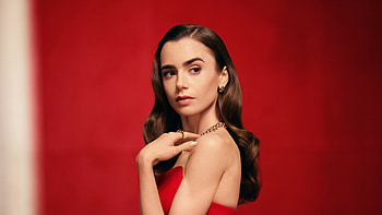 Lily Collins Is Wearing Red Dress Standing In Red Background Girls HD wallpaper