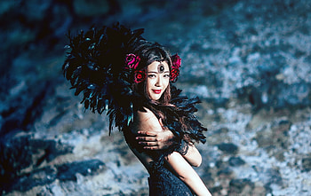 Beauty, black, model, asian, girl, woman, rose, feather, red HD wallpaper