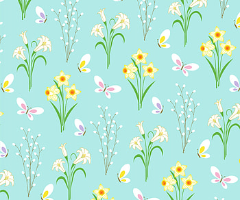 Pattern, flower, blue, butterfly, yellow, texture, spring HD wallpaper
