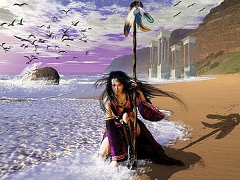 Ancient Culture, sea, artwork, birds, beacht, painting, pillars, woman, warrior HD wallpaper