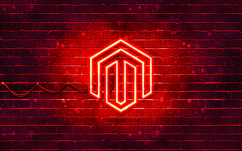 Magento red logo, , red brickwall, Magento logo, brands, Magento neon logo, Magento HD wallpaper