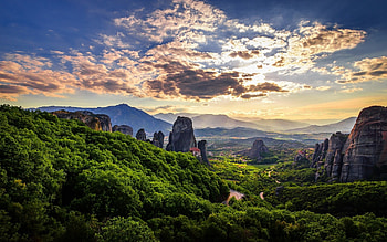 Mountain Landscape, winding road, clouds, sky, road, houses, rocks, sunset HD wallpaper