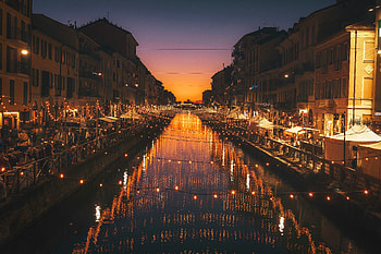 Milan, city, river, night, lights, celebrations HD wallpaper