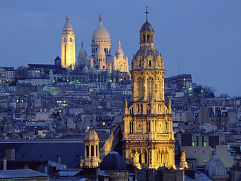 From a rooftop, night, graphy, rooftop, , church, buildings, wall, graph, europe, architecture, city, paris, france, religious, lights, view, sky, evening HD wallpaper