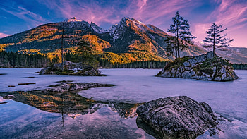 Spring Sunset In The Bavarian Alps, snow, landscape, germany, colors, trees, clouds, sky, mountains HD wallpaper