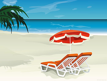 Beach loungers and umbrella, chairs, abstract, beach HD wallpaper