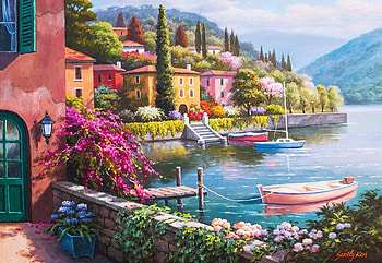 Lakeside Bloom, artwork, boats, trees, flowers, como, houses, mountains, village, painting HD wallpaper