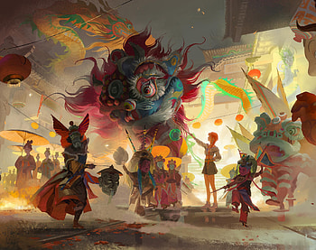 Festival, fantasy, art, tea me, red, chinese, teame, golden, parasol, dragon HD wallpaper