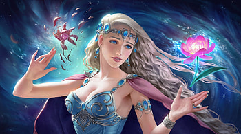 Cassima, blue, frumusete, blonde, girl, hand, selenada, jewel, pink, fantasy, flower, luminos HD wallpaper