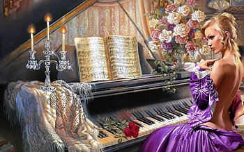 Fantasy Girl Piano, fantasy-girls, music, piano, backless, candle HD wallpaper