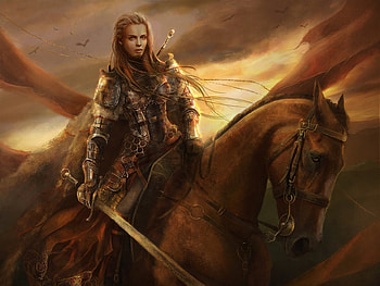 Fantasy girl, horse, frumusete, sword, fantasy, girl, luminos, rider HD wallpaper