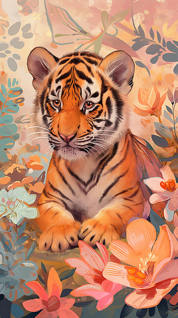 Floral Cub Majesty, tiger, flower HD phone wallpaper