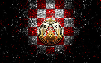 KV Kortrijk, glitter logo, Jupiler Pro League, red white checkered background, soccer, belgian football club, KV Kortrijk logo, mosaic art, football, Kortrijk FC HD wallpaper