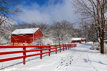 Red barn in snow, countryside, winter, barn, frost, path, cold, beautiful, houses, snow, fence, red, village HD wallpaper