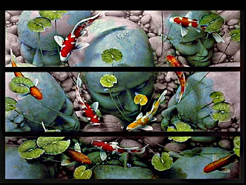 KOI IN HEADROCK POND, swimming, faces, surreal, koi, rocks, lake, digital, painting, fantasy, drawing, green, heads, fish, water, pond HD wallpaper