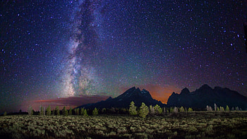 Preview milky way, stars, mountains, field, night HD wallpaper