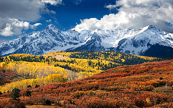 San Juan Mountain, Colorado, blue, land, mountain, daylight, day, yellow, clouds, trees, nature, sky, forest HD wallpaper