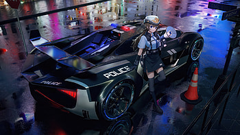 Tokyo Anime Police Girl Patrolling, artist, artwork, art, digital-art, police, car, anime-girl, artstation HD wallpaper