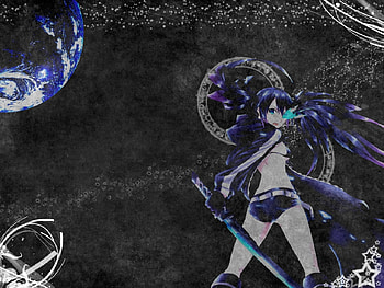 Black Rock Shooter, blue, black, vocaloid, brs, earth, vocaloids, moon, song title, sword, blue eyes, twintail, title, girl, anime, clouds, blaze blue, katana HD wallpaper