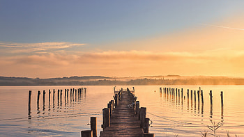 Golden Hour At The Wooden Pier, nature, mountains, clouds, sea, pier HD wallpaper