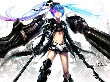 Insane Black★Rock Shooter, awesome, ova, nice, movie, hatsune, pink eyes, shorts, sexy, white, blue eyes, hatsune miku, twintail, hot, black rock shooter, anime girl, anime, insane black rock shooter, katana, blue, black, brs, beauty, miku, thighhighs, gun, hat, cannon, beautiful, black hair, weapons, blade, chain, pink, gray, word, cool, stitches, wmd, boots, belt HD wallpaper