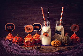 Happy Halloween!, milk, white, dessert, food, orange, bottle, purple, halloween, pumpkin, card HD wallpaper