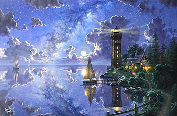 Light of Peace, blue, sea, oceans, attractions in dreams, paradise, lighthouses, paintings, sailboats, summer, love four seasons, cottages, clouds, nature, sky, moons HD wallpaper