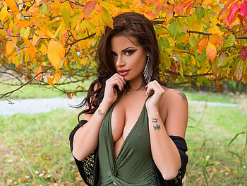 Shelly Lee, slim, model, tattoo, girl, grass, earrings, chest, pretty, autumn, look HD wallpaper