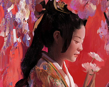 Girl, red, face, luminos, xintong chen, kimono, art, asian, fantasy, flower HD wallpaper