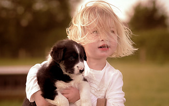 Little girl with puppy, dog, sweet, animal, white, black, blonde, cute, girl, copil, little, puppy, child HD wallpaper