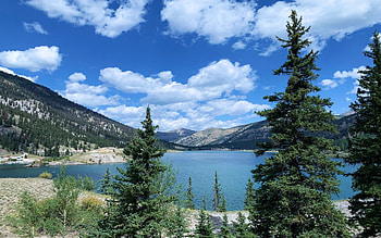 San Cristobal Lake, Colorado, sky, hills, landscape, trees, clouds, usa HD wallpaper