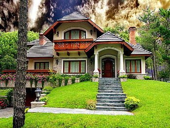 A country house, peaceful, serenity, nice, trees, greenery, house, beautiful, grass, country, cabin, summer, pretty, green, clouds, nature, sky, flowers, cottage, lovely, village, countryside HD wallpaper