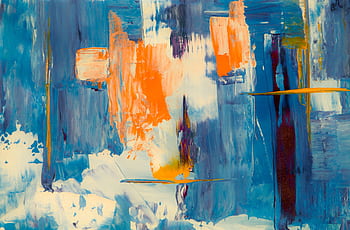 Dynamic abstract artwork featuring bold blues and vibrant oranges in acrylic. HD wallpaper