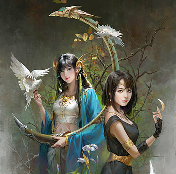 Fantasy girls, blue, white, frumusete, art, dove, bird, gorgeous, superb, jewel, april liu, fantasy, green, couple, luminos HD wallpaper