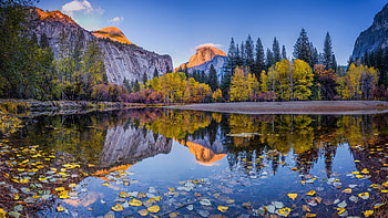 Autumn at Yosemite, mountains, reflections, california, leaves, trees, colors, sky HD wallpaper