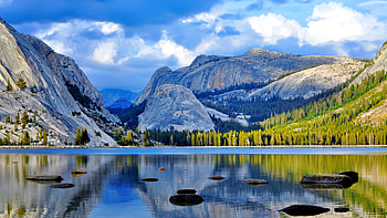 Landscape with mountain and lake, mirror, beautiful, rocks, serenity, tranquil, mountain, lake, cliffs, trees, sky HD wallpaper